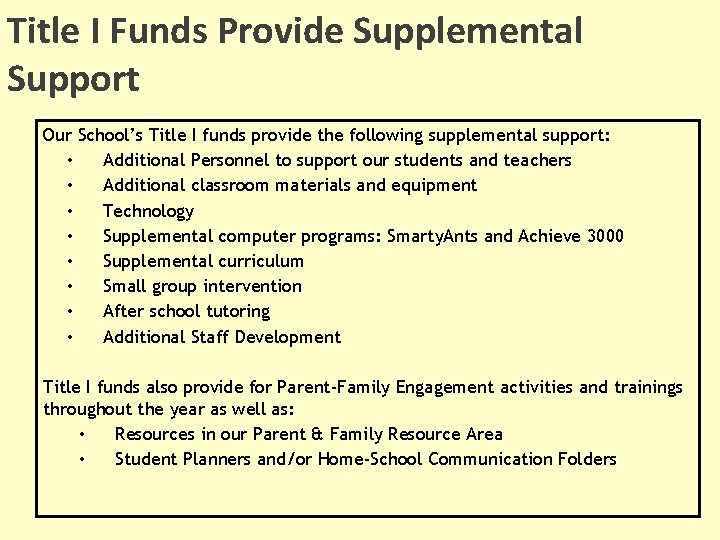 Title I Funds Provide Supplemental Support Our School’s Title I funds provide the following