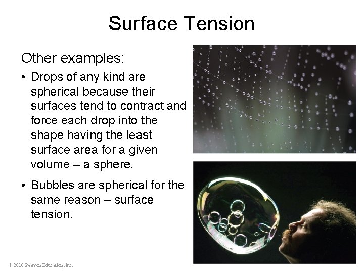 Surface Tension Other examples: • Drops of any kind are spherical because their surfaces