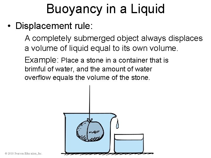 Buoyancy in a Liquid • Displacement rule: A completely submerged object always displaces a