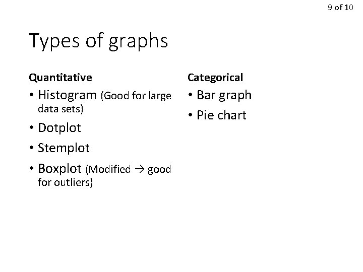 9 of 10 Types of graphs Quantitative Categorical • Histogram (Good for large •
