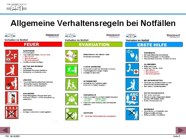 Allgemeine Verhaltensregeln bei Notfällen PSI, 18. 10. 2021 Seite 5 