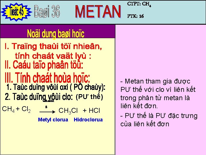 CTPT: CH 4 PTK: 16 CH 4 + Cl 2 aù. saùn g (PƯ