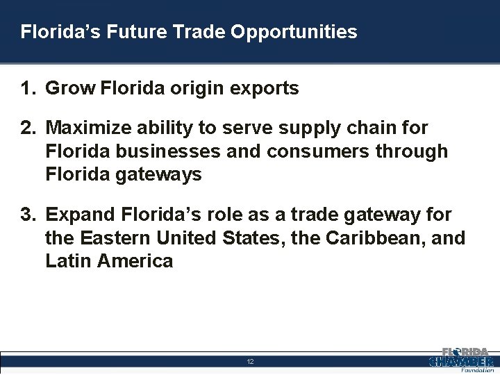 Florida’s Future Trade Opportunities 1. Grow Florida origin exports 2. Maximize ability to serve