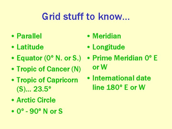 Grid stuff to know… • Parallel • Latitude • Equator (0º N. or S.