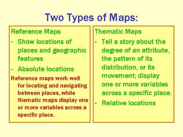 Two Types of Maps: Reference Maps - Show locations of places and geographic features