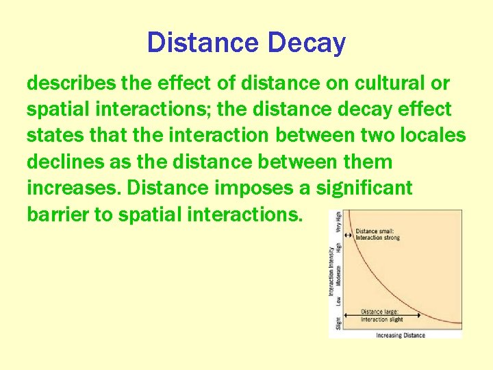 Distance Decay describes the effect of distance on cultural or spatial interactions; the distance