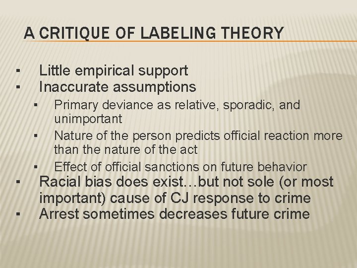 A CRITIQUE OF LABELING THEORY ▪ ▪ Little empirical support Inaccurate assumptions ▪ ▪