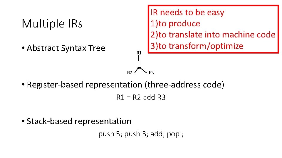 Multiple IRs • Abstract Syntax Tree R 1 IR needs to be easy 1)to