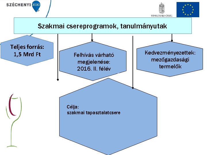 Szakmai csereprogramok, tanulmányutak Teljes forrás: 1, 5 Mrd Ft Felhívás várható megjelenése: 2016. II.