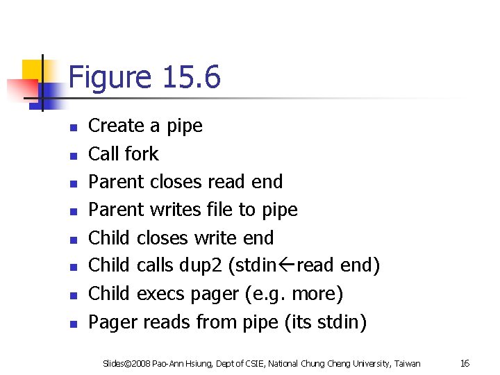Figure 15. 6 n n n n Create a pipe Call fork Parent closes