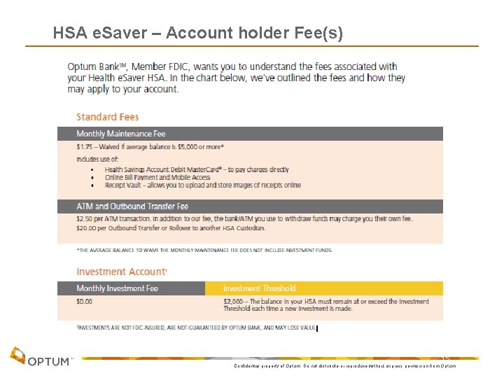 HSA e. Saver – Account holder Fee(s) 15 Confidential property of Optum. Do not