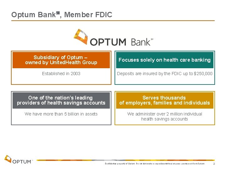 Optum Bank℠, Member FDIC Subsidiary of Optum – owned by United. Health Group Focuses