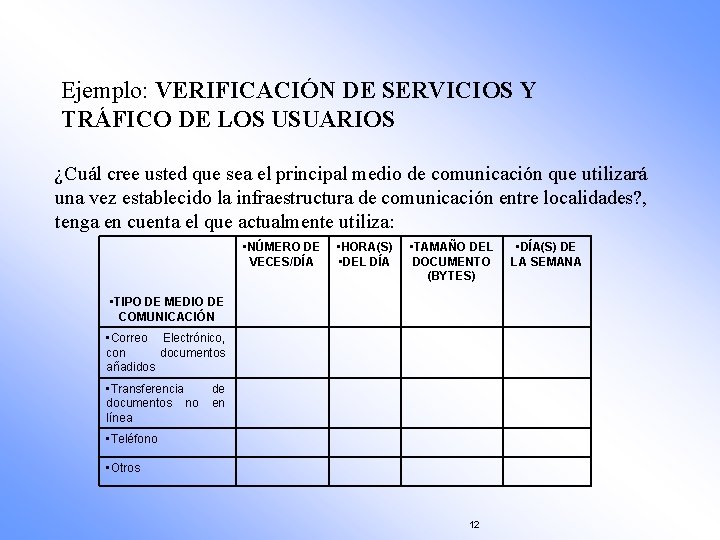 Ejemplo: VERIFICACIÓN DE SERVICIOS Y TRÁFICO DE LOS USUARIOS ¿Cuál cree usted que sea