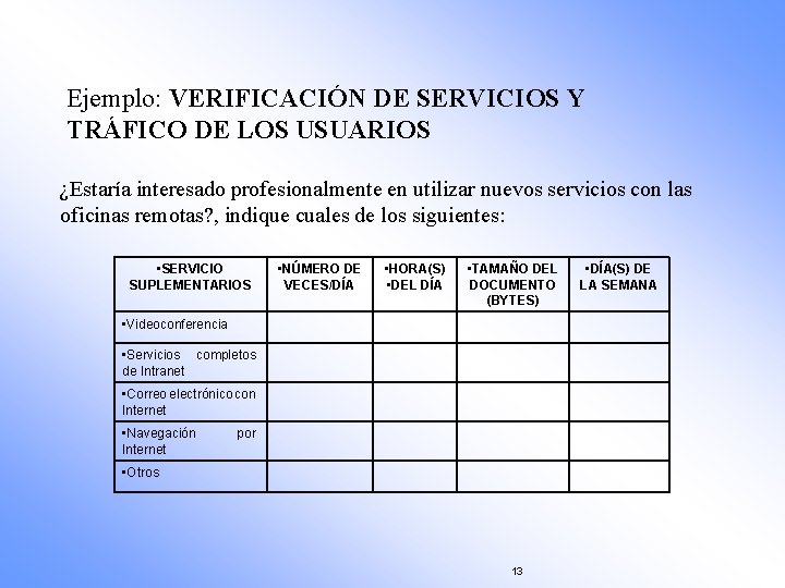Ejemplo: VERIFICACIÓN DE SERVICIOS Y TRÁFICO DE LOS USUARIOS ¿Estaría interesado profesionalmente en utilizar