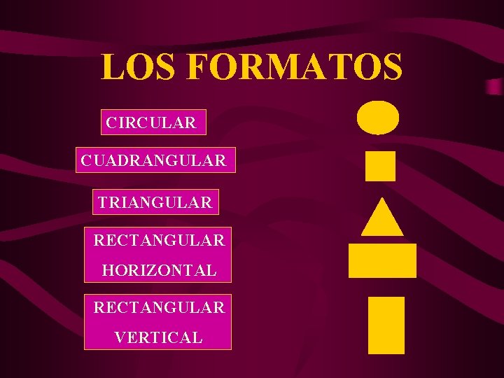 LOS FORMATOS CIRCULAR CUADRANGULAR TRIANGULAR RECTANGULAR HORIZONTAL RECTANGULAR VERTICAL 