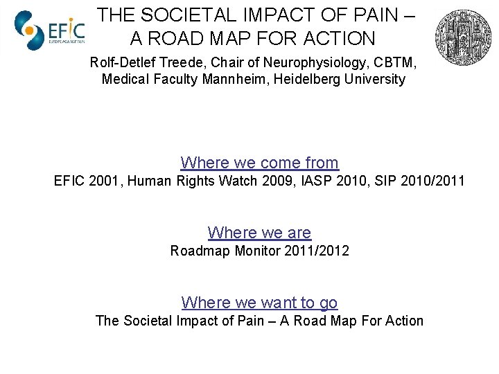“THE SOCIETAL IMPACT OF PAIN – A ROAD MAP FOR ACTION Rolf-Detlef Treede, Chair