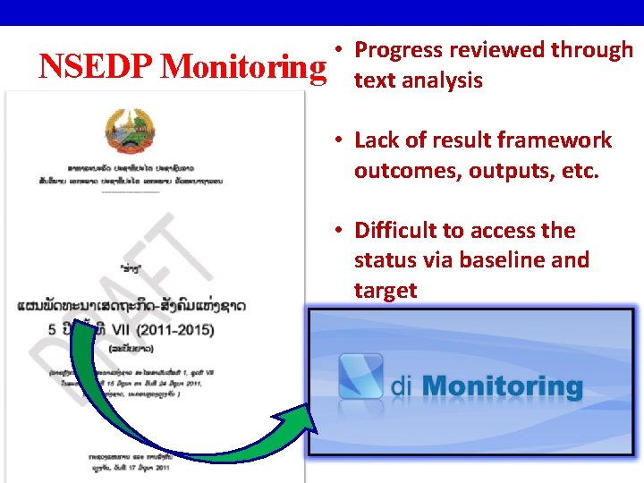 NSEDP Monitoring • Progress reviewed through text analysis • Lack of result framework outcomes,