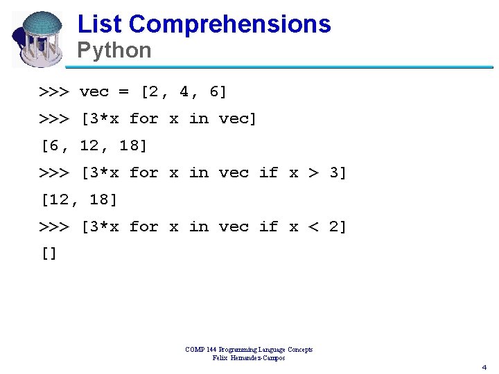 List Comprehensions Python >>> vec = [2, 4, 6] >>> [3*x for x in