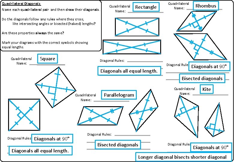 Quadrilateral Diagonals Name each quadrilateral pair and then draw their diagonals. Quadrilateral Name: Rectangle