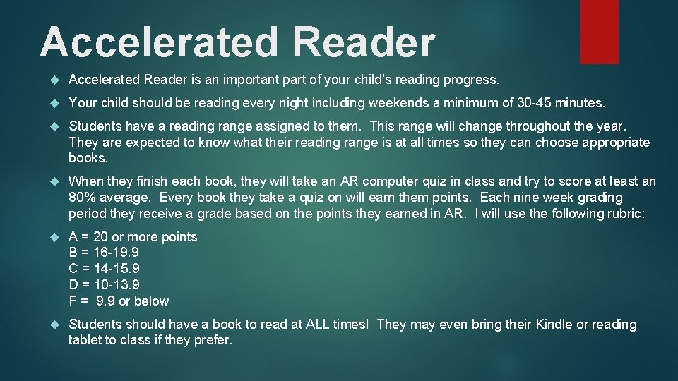 Accelerated Reader is an important part of your child’s reading progress. Your child should