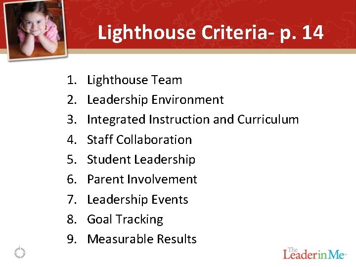 Lighthouse Criteria- p. 14 1. 2. 3. 4. 5. 6. 7. 8. 9. Lighthouse