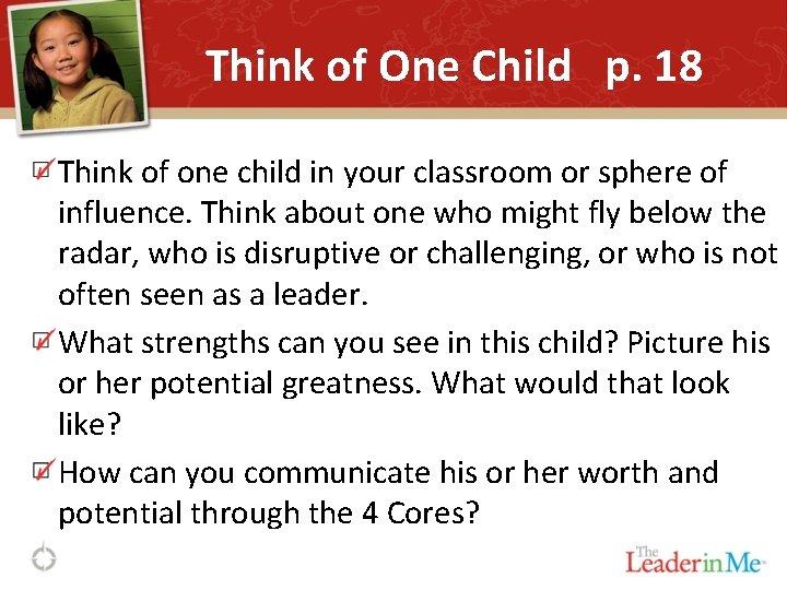 Think of One Child p. 18 Think of one child in your classroom or