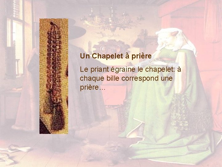 Un Chapelet à prière Le priant égraine le chapelet: à chaque bille correspond une