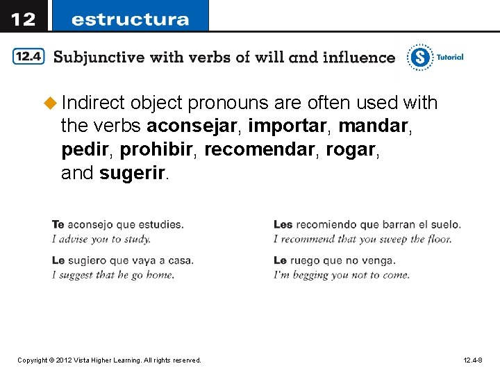 u Indirect object pronouns are often used with the verbs aconsejar, importar, mandar, pedir,