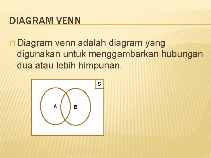 DIAGRAM VENN � Diagram venn adalah diagram yang digunakan untuk menggambarkan hubungan dua atau