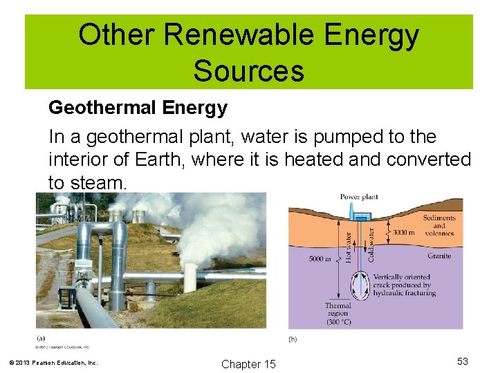 Other Renewable Energy Sources Geothermal Energy In a geothermal plant, water is pumped to