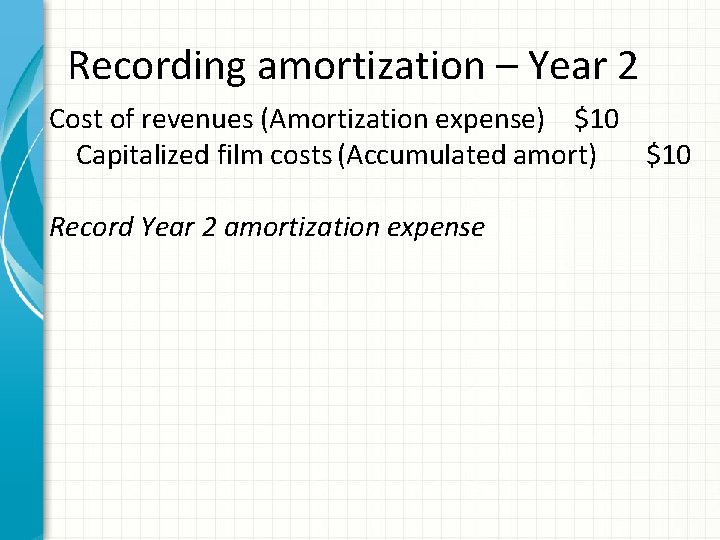 Recording amortization – Year 2 Cost of revenues (Amortization expense) $10 Capitalized film costs