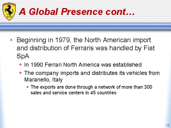 A Global Presence cont… • Beginning in 1979, the North American import and distribution