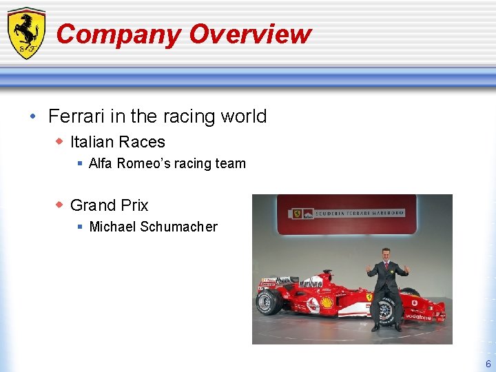 Company Overview • Ferrari in the racing world w Italian Races § Alfa Romeo’s