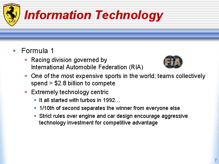 Information Technology • Formula 1 w Racing division governed by International Automobile Federation (RIA)