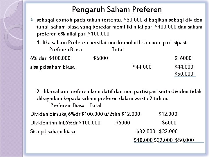 Pengaruh Saham Preferen Ø sebagai contoh pada tahun tertentu, $50, 000 dibagikan sebagi dividen