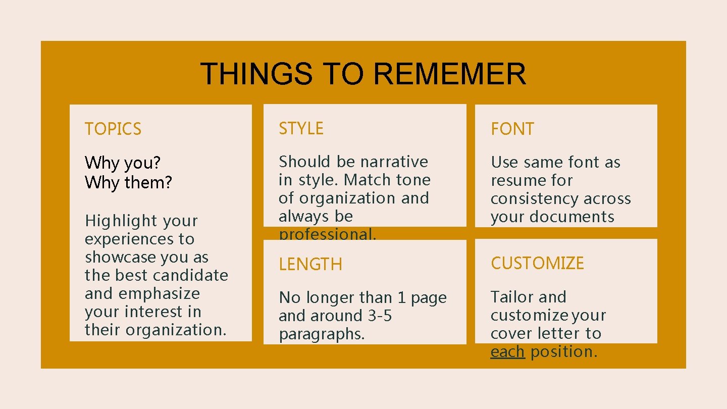 THINGS TO REMEMER TOPICS STYLE FONT Why you? Why them? Should be narrative in