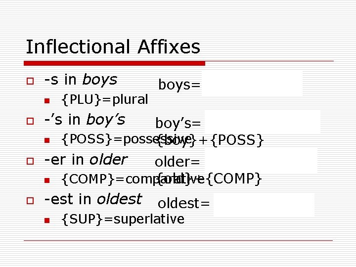 Inflectional Affixes o -s in boys n o -’s in boy’s n o boy’s=