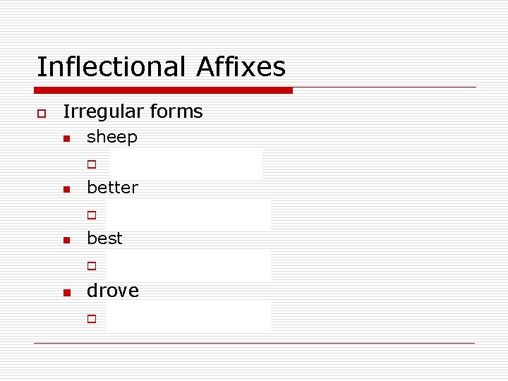 Inflectional Affixes o Irregular forms n sheep o n {sheep}+{PLU} better o {good}+{COMP} n