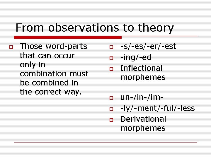 From observations to theory o Those word-parts that can occur only in combination must