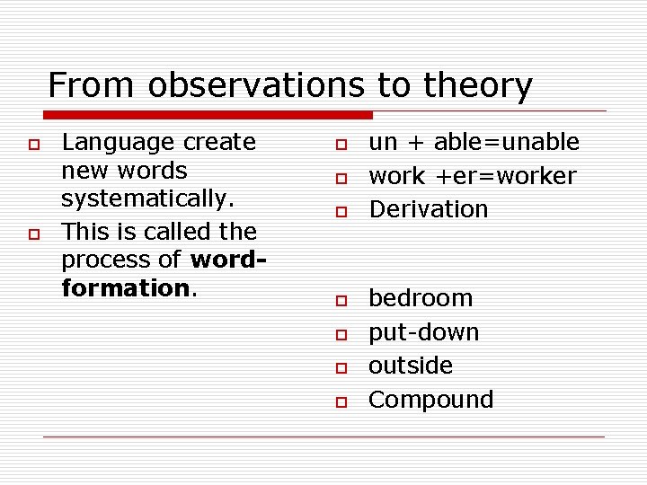 From observations to theory o o Language create new words systematically. This is called