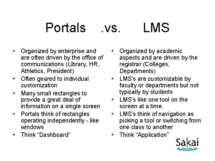 Portals . vs. • Organized by enterprise and are often driven by the office