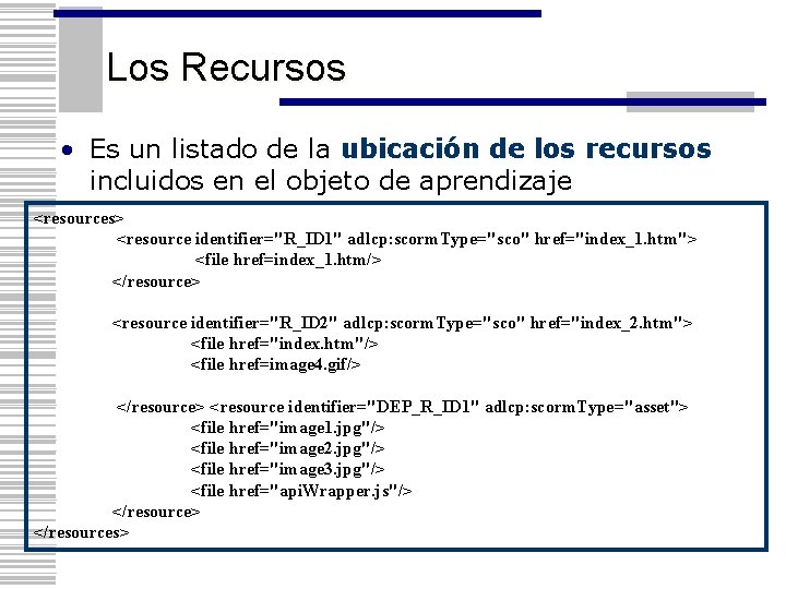 Los Recursos • Es un listado de la ubicación de los recursos incluidos en