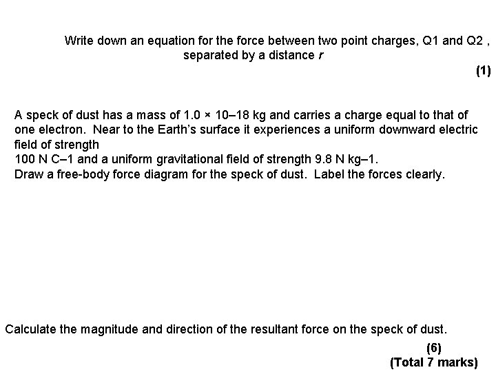 Write down an equation for the force between two point charges, Q 1 and