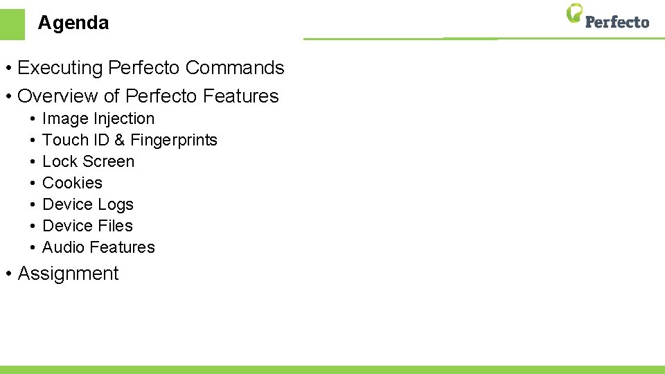 Agenda • Executing Perfecto Commands • Overview of Perfecto Features • • Image Injection