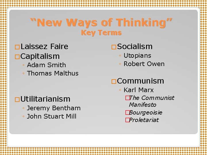 “New Ways of Thinking” Key Terms �Laissez Faire �Capitalism ◦ Adam Smith ◦ Thomas