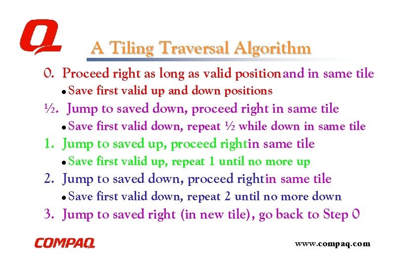 A Tiling Traversal Algorithm 0. Proceed right as long as valid position and in A Tiling Traversal Algorithm 0. Proceed right as long as valid position and in