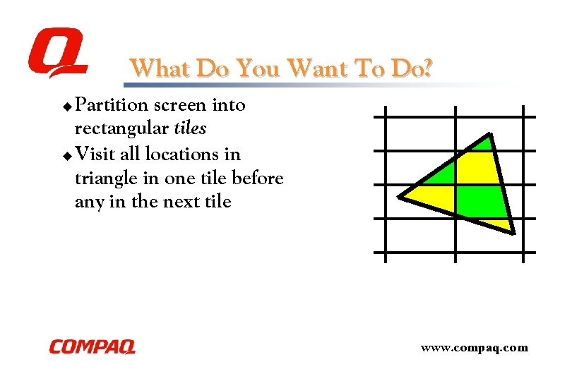 What Do You Want To Do? Partition screen into rectangular tiles u Visit all What Do You Want To Do? Partition screen into rectangular tiles u Visit all