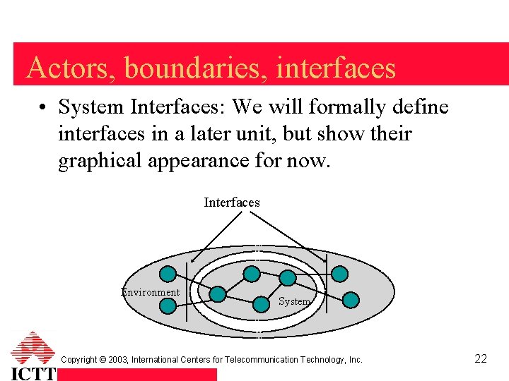 Actors, boundaries, interfaces • System Interfaces: We will formally define interfaces in a later