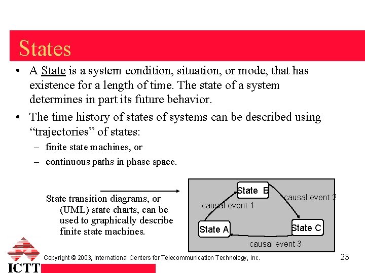 States • A State is a system condition, situation, or mode, that has existence