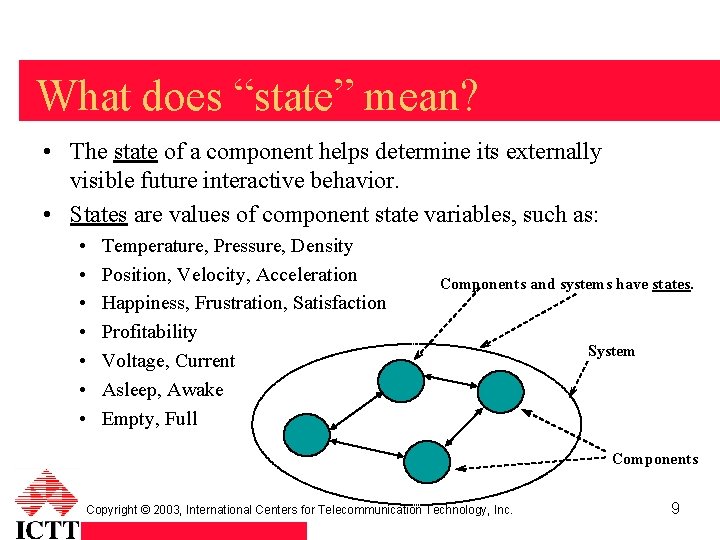 What does “state” mean? • The state of a component helps determine its externally